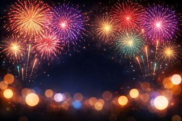 Fototapeta premium Vibrant fireworks display in the night sky with bokeh lights in the foreground
