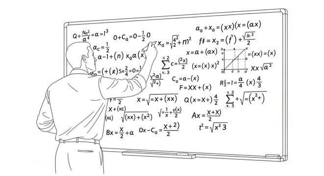Man explaining complex mathematical equations on a whiteboard in a classroom environment from a rear viewpoint