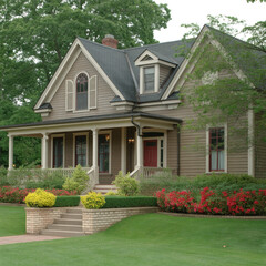 Charming Victorian Style House with Red Door and Lush Green Landscaping victorian house residential architecture