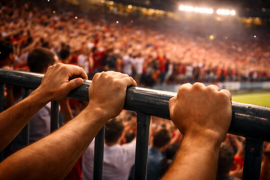Enthusiastic spectator hands gripping stadium railing. A sea of people fill the stands with anticipation