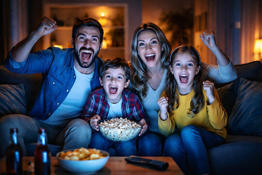 A happy family watching television together, enjoying popcorn and each other's company