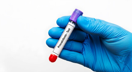 Obraz premium Hand in blue glove holding procalcitonin test blood sample tube medical