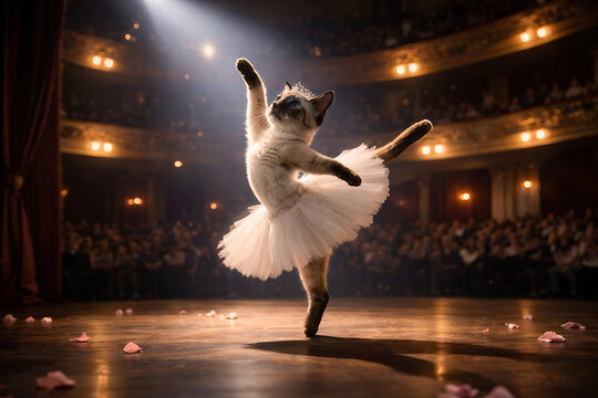 A cat dancing gracefully in a tutu on a theatre stage. The cat is illuminated by a spotlight, captivating the audience