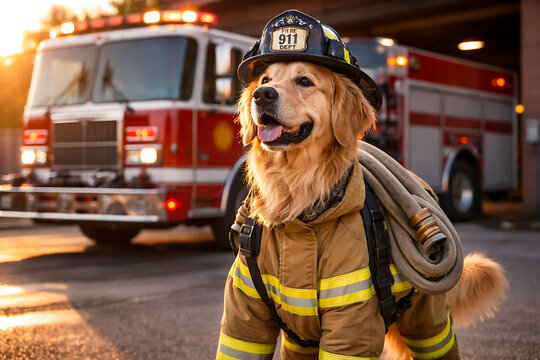 A brave canine hero, equipped with firefighter attire and helmet, poses confidently in front of a fire truck. A symbol of courage and assistance