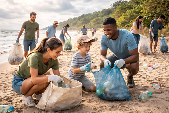 A group of people cleaning a beach