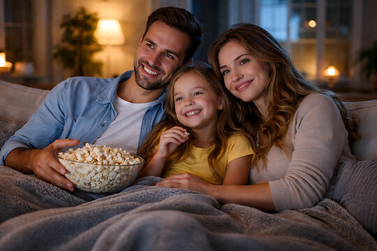 A happy family enjoying popcorn while watching television together on the couch in a cozy home environment. Smiling and relaxed, they create a heartwarming scene.