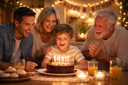 A heartwarming birthday celebration with family, centered around a lit cake