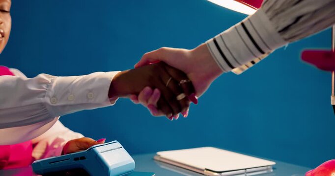 Pos machine, handshake or people in studio, phone for online purchase or thank you on blue background. Closeup, cellphone or scan for payment, transactions and tap for easy checkout or shaking hands