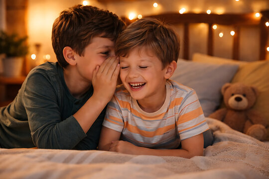 Two young boys whispering secrets while one laughs with delight, a cozy bedroom setting, and a teddy bear in sight.