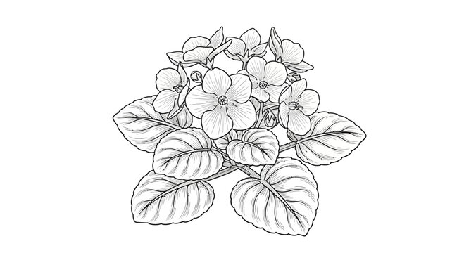 African Violet Flower Drawing, Black and White Line Art, Botanical Illustration
