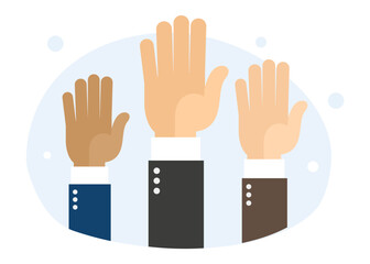 Obraz premium Diverse Hands Raised Voting Participation and Agreement stock illustration.