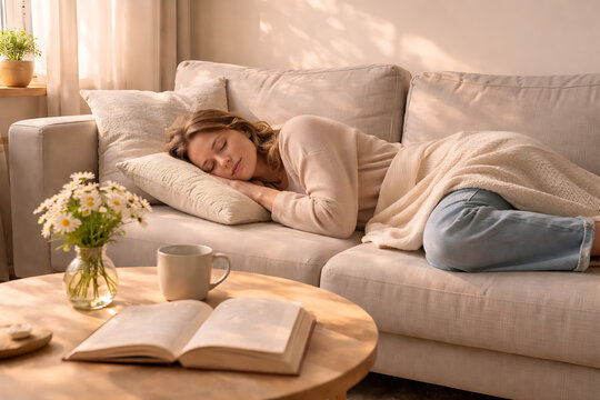 A peaceful nap on a cozy sofa during a sunny day