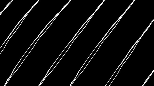 ストライプの落書き線画イラスト。線が動く手描きの背景動画。ループする4Kアニメーション。黒背景に白いペンでフリーハンドで描いた縞模様のパターン
