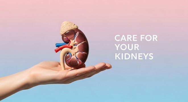 A hand holding a model of a human kidney with the text care for your kidneys on a pastel gradient background