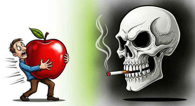 Man carrying large red apple running from smoking skull with cigarette image