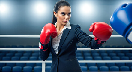 determined businesswoman in suit wearing boxing gloves fighting against blue glove opponent business competition challenge struggle success motivation concept