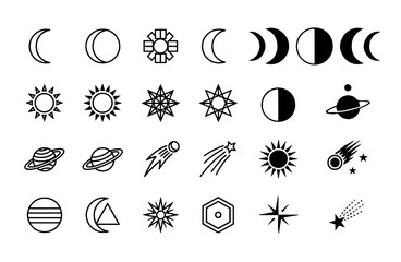 Minimalist Vector Symbols of Moon Phases, Suns, Stars, and Planets for Modern Mystical Branding © ISHRAT NAYLA
