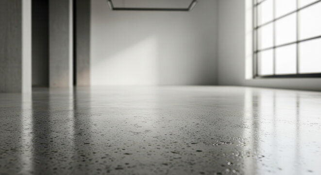 Empty room with concrete floor and large window for concept of minimalist interior, loft, studio, or mockup
