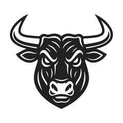 Powerful bull head. Angry bull, animal head, horn silhouette, farm animal. Minimalistic black and white vector illustration