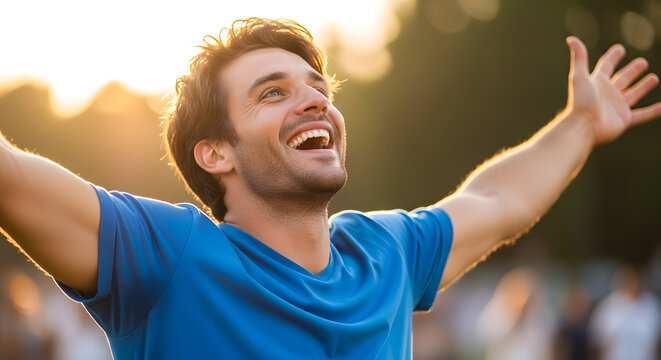A joyful man in a blue shirt celebrating with open arms and a huge smile outdoors at sunset