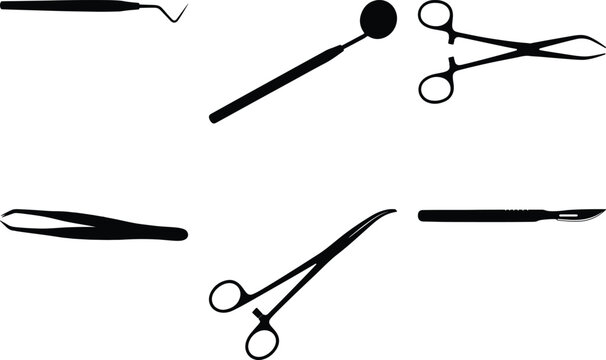 Assorted types of medical scissors and tweezers displayed in black and white