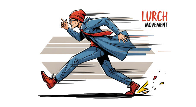 A man in a blue coat and red beanie running fast with a lurching forward motion in a comic style