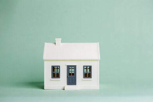 House miniature model with white exterior and blue door isolated on pastel green background featuring architecture, building, home with dwelling and residence elements for property, real estate
