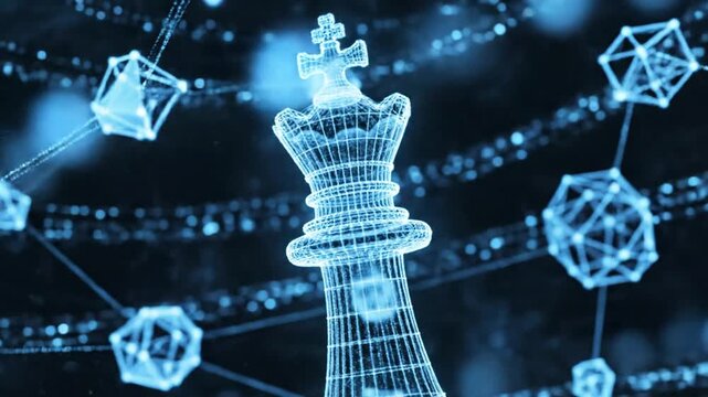 Glowing blue wireframe chess king surrounded by abstract digital network connections and data