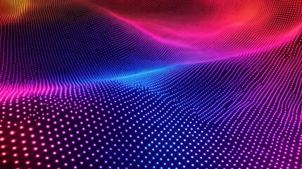Obraz premium Vibrant abstract digital landscape with glowing neon dots in a dynamic wave pattern, transitioning from deep blue to electric pink and fiery red.