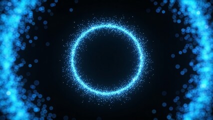 Obraz premium is a digital artwork featuring a glowing blue circular ring set against a dark background. The ring is composed of numerous small, bright particles that create a shimmering effect, giving the impress