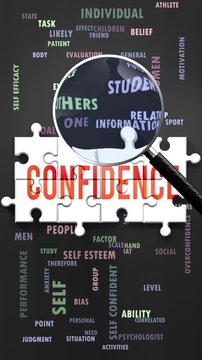 Confidence under magnifying glass, being researched, studied and examined. Most important subjects and ideas related to confidence written around a puzzle to symbolize complexity of confidence.