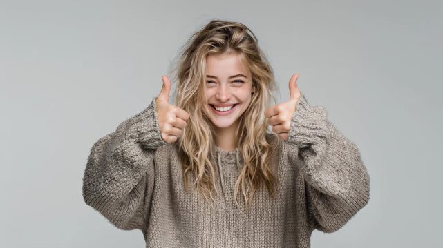 Joyful Woman Showing Double Thumbs Up with Big Smile