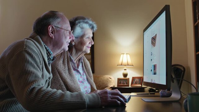 Elderly couple happily browsing the internet on a computer together, smiling and engaged
