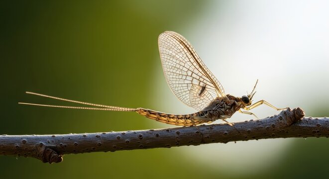 Mayfly resting on a branch in natural sunlight.