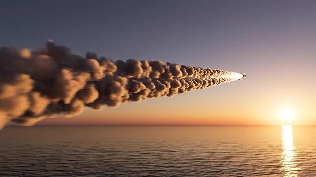 Missile Streaking Across Sky Over Calm Sea Leaving White Trail