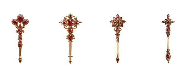 Four ornate scepters adorned with red jewels and gold details isolated on transparent background