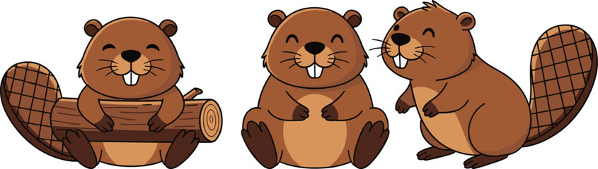 Three cartoon beavers with logs and tails, playful animal illustration, nature concept, industrious wildlife design, friendly artwork scene - flavector © MSTMASUMA