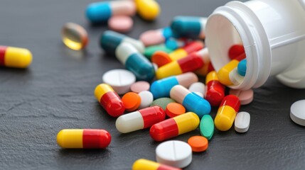 A Colorful Spread of Various Pills and Capsules on a Dark Surface with a Spilled Prescription Bottle