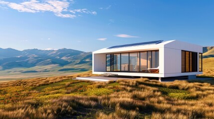 Modern Sustainable House in Nature with Solar Panels Surrounded by Hills and Grassland Under Clear Blue Sky