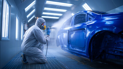 Fototapeta premium Car Painter in Protective Suit Spraying Blue Paint in Booth