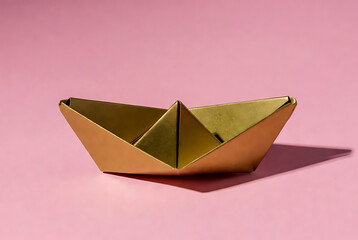 Boat origami gold with pink background and shadow, folded paper craft boat featuring toy, decorative, art with handmade and creative elements for minimalist, simple projects, clean composition on