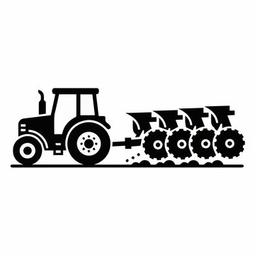 Side view silhouette of a modern tractor pulling a disc plow attachment for agricultural soil cultivation and land preparation