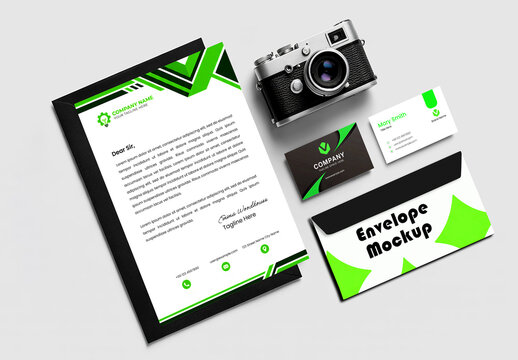 Branding Stationery Mockup Set with Letterhead Envelope and Business Cards near Vintage Camera