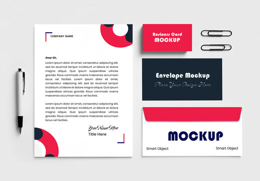 Branding Stationery Mockup Set with Letterhead Envelopes and Business Cards with Pen