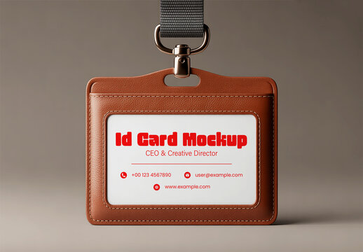 Brown Leather ID Card Holder Mockup with Lanyard Strap