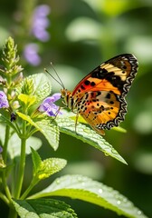 Obraz premium Vivid orange and black patterned winged insect rests upon a dewy green leaf near small purple blossoms
