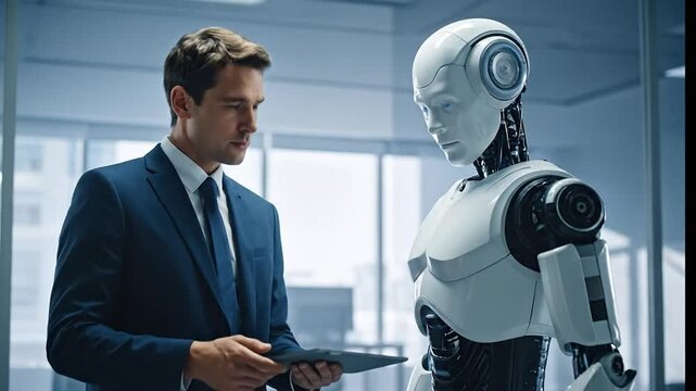 Businessman in a suit interacts with a humanoid robot, discussing technology and artificial intelligence in a modern office.