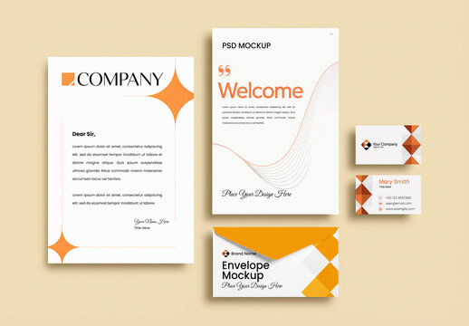 Corporate Stationery Mockup Set with Letterhead Envelope and Business Cards on Beige Background