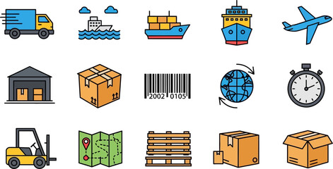 A collection of colorful flat design icons representing various aspects of logistics, shipping, delivery, and global transportation.