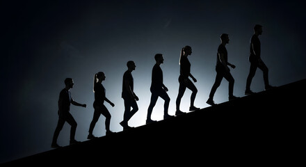 Obraz premium Group of business professionals walking up stairs together in silhouette
